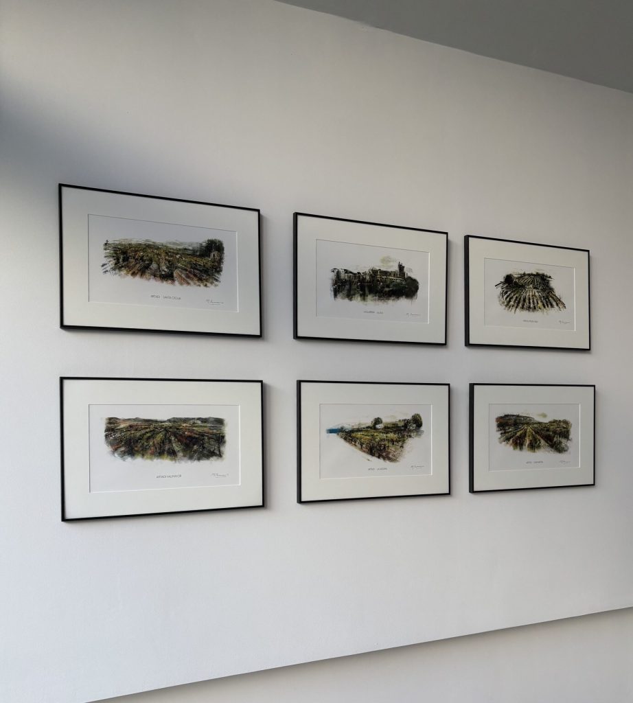 Paintings of the Beautiful Vineyards of Artadi in their tasting room.