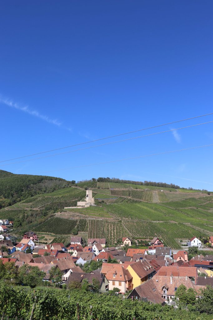Katzenthal as seem from Niedermorschwihr with Chateau Wineck on the hill and Grand Cru Wineck-Schlossberg on top.