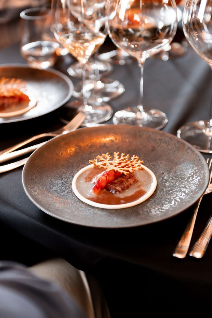 Carabinero, Wagyu Cecina, Pomegranate & Ajo Blanco.