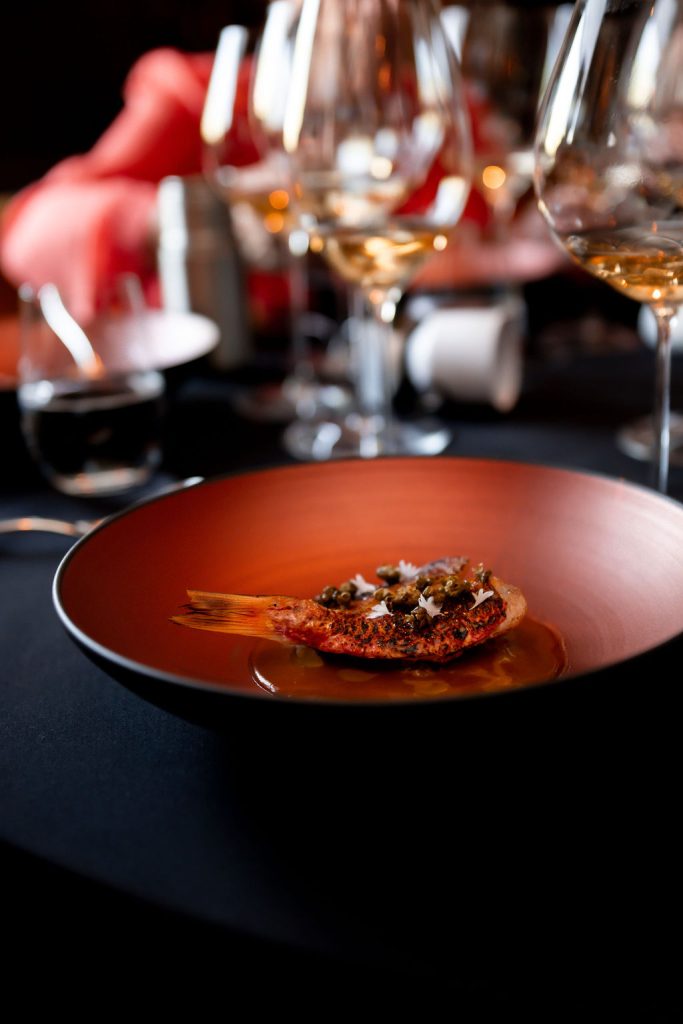 Red Mullet with Piquillo Pepper, Kumquat & Langoustine Bisque.