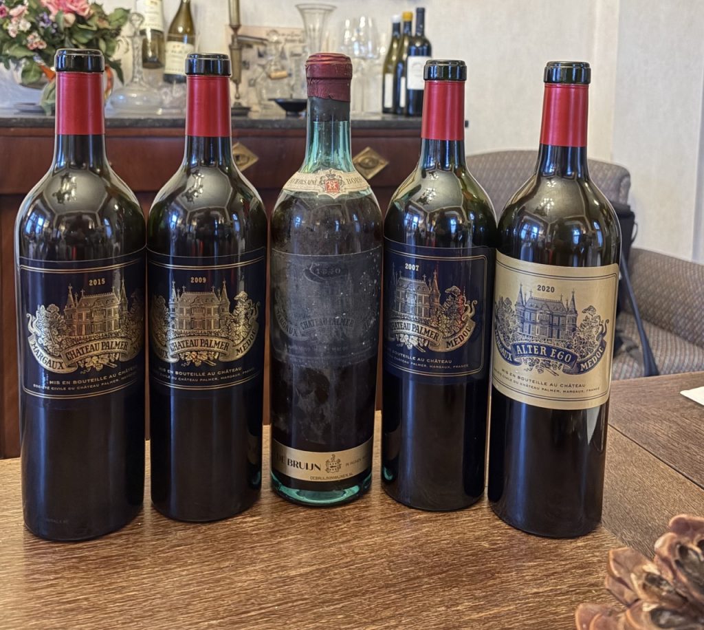 The wine-up for the tasting, including the 1940 war-time treasure.